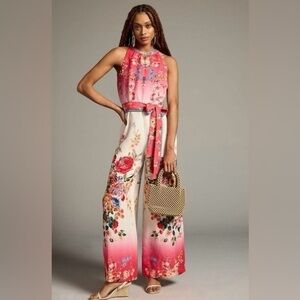 Ranna Gill Anthropologie Floral Ombre Linen Blend Sleeveless Wide Leg Jumpsuit